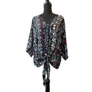 floral print v-neck tie front lightweight chiffon blouse XXL 3/4 sleeve black bo